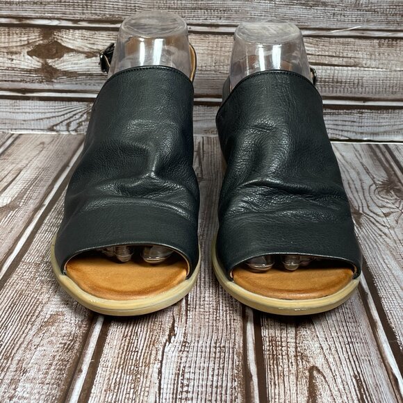 BONAVI SOFIA Womens 7.5 (EUR 38) Black Leather Wedge Ankle Strap Sandal Shoe EUC - Picture 3 of 9